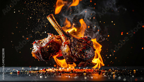 Juicy Roasted Lamb Cut with Bone and Herbs on Fire – Cinematic Gourmet Meat with Flames and Smoke on Dark Background – Spicy Barbecue Lamb Chop Cooked to Perfection for Fine Dining and Food Art