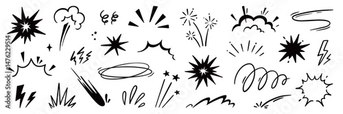 Line speed cartoon effect, comic smoke motion line element set. Comic boom motion, explosive energy, line speed cartoon vector icon. Hand drawn sketch doodle action effect. Vector illustration