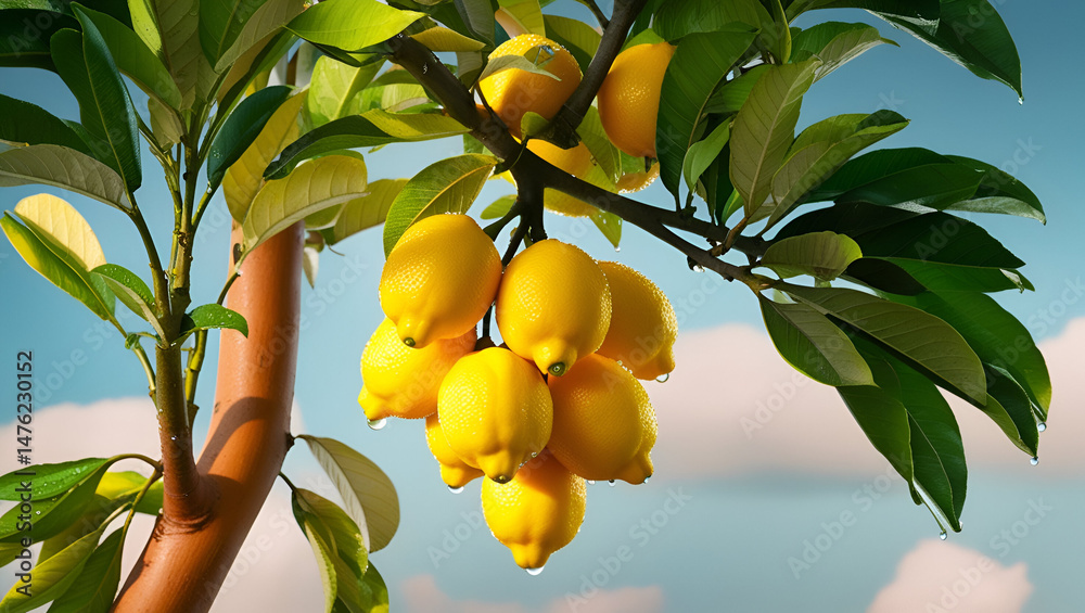 yellow lemons growing in bunches