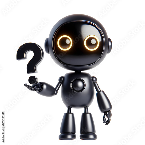 Cute 3D black robot with golden eyes thinking holding question mark in side view