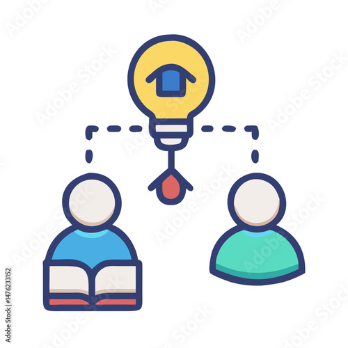 Knowledge transfer illustration: Idea bulb connecting people and books