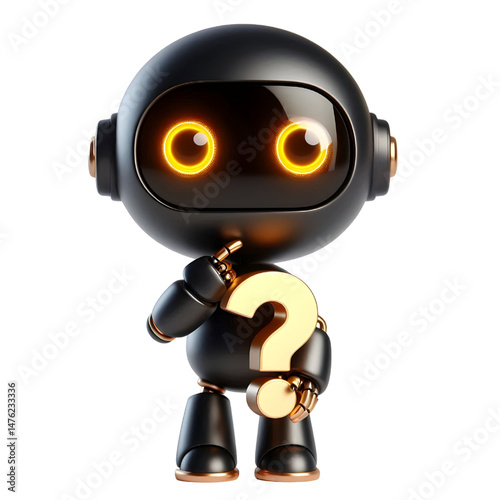 Cute 3D black robot with golden eyes thinking holding question mark in side view
