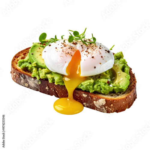 A slice of whole grain bread topped with smashed avocado, a poached egg, and garnished with herbs and spices