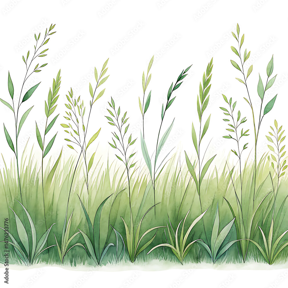 Obraz premium Elegant Clipart Grass Watercolor Meadow Illustration, Tall Blades Swaying Gently
