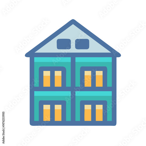 Stylized building with geometric shapes and soft color palette