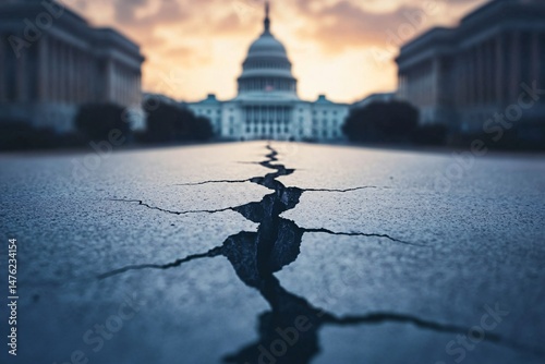 Deep Crack in Pavement Capitol Building Background Political Division Concept