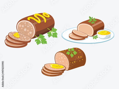 vector illustration of a german food Leberkäse (Baked Meatloaf, Served in Slices with Mustard)
