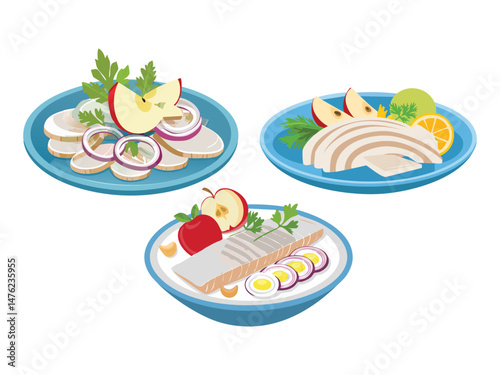 vector illustration of a german food Matjesfilet (Young Herring Fillet, Often Served with Apples and Onions)