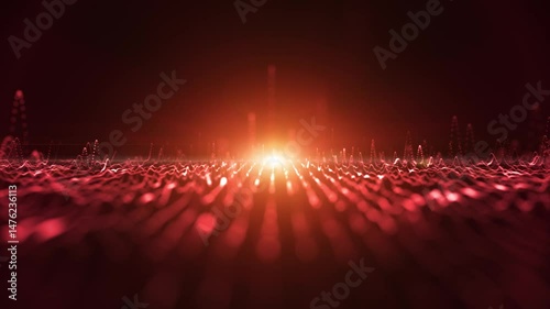Glowing red digital wave lines cyber space network loop motion on black background.