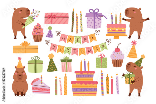 Happy birthday pastel elements and capybara collection. Capybara with clapper, cake, candles, party hat, gift boxes, balloons. Celebration set with animal character. Vector illustration.