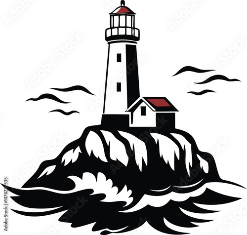 Modern and stylish lighthouse standing on a rocky cliff by the sea vector icon, lighthouse standing on a rocky cliff by the sea silhouette and isolated line art vector illustration