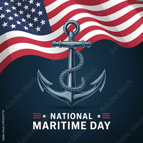 National maritime day commemoration with american flag and nautical anchor vector illustration