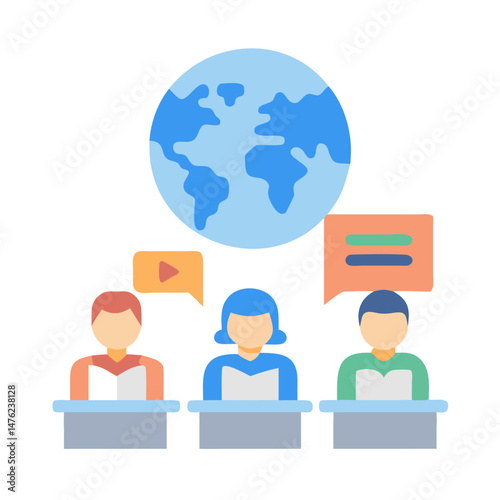 Global teamwork and communication icon with flat design style