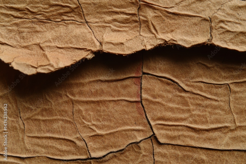 Fototapeta premium Close Up of Wrinkled Brown Paper with Torn Edge and Cracks in Studio Shot for Texture or Background
