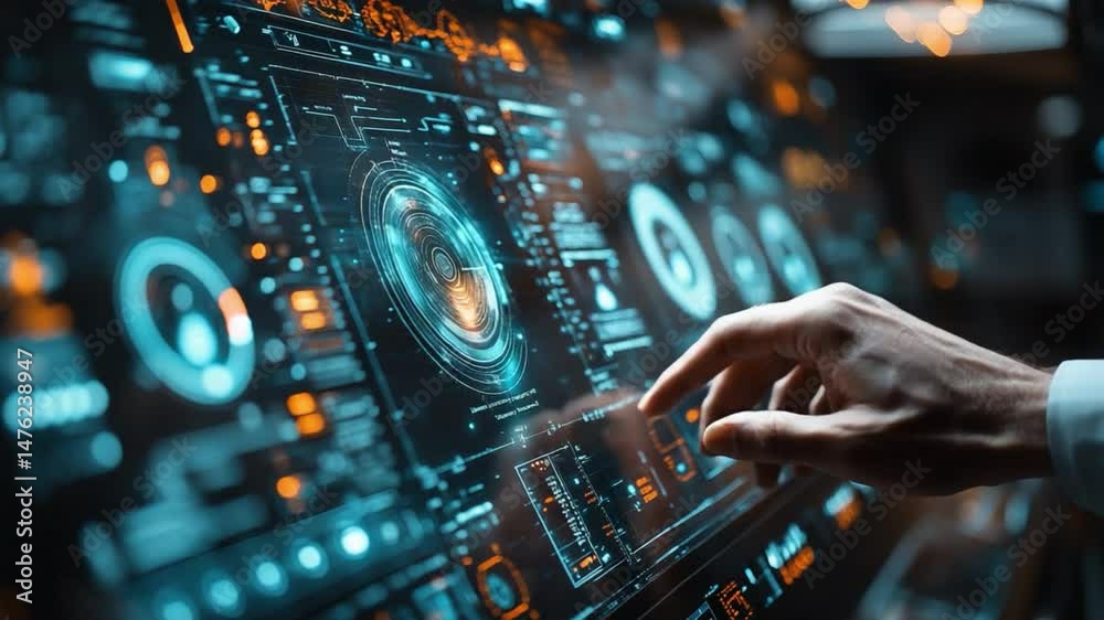 Digital Interface Interaction: A close-up of a hand interacting with a futuristic digital interface, showcasing a blend of data visualization, complex programming, and technological innovation.