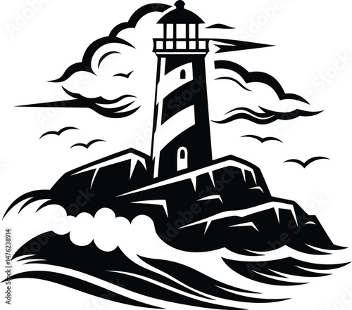 Modern and stylish lighthouse standing on a rocky cliff by the sea vector icon, lighthouse standing on a rocky cliff by the sea silhouette and isolated line art vector illustration