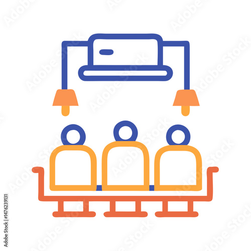 Stylized depiction of three people sitting under bright lights