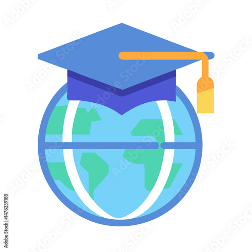 Graduation cap on world globe celebrating global education
