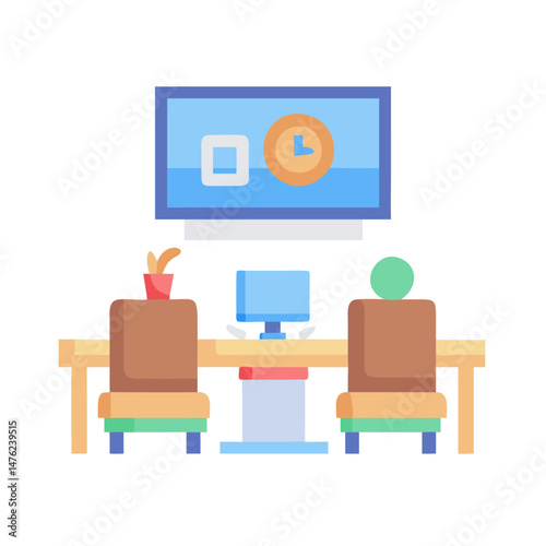 Meeting room with presentation screen and desk arrangement