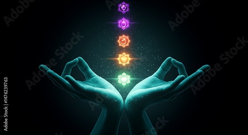 hyper realistic digital art, hands in mudra pose with glowing energy and chakra symbols, aqua tones, vividly illuminated, subject positioned at top with ample copy space at bottom