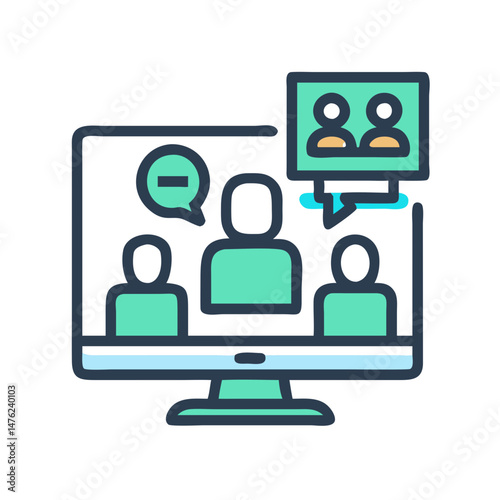 Video conference call on monitor with participants icon art