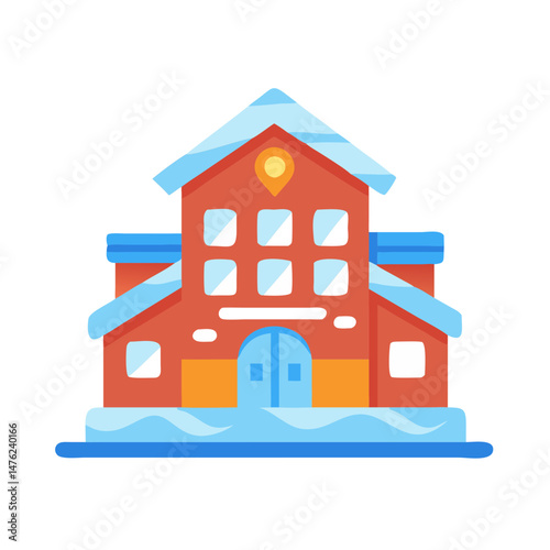 Stylized cartoon schoolhouse icon with snow-covered roof and yard