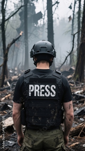 A reporter wearing a bulletproof vest and black helmet stands in a destroyed forest.
