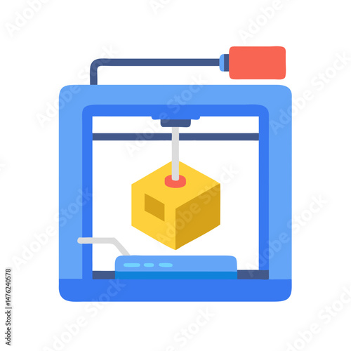 Graphic flat illustration of 3D printer producing yellow cube