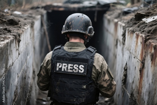 A journalist in a war zone walks through a trench. The person wearing a military vest that says 