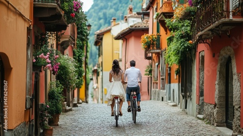 Fototapeta Naklejka Na Ścianę i Meble -  Romantic Couple on Bikes in a Colorful European Town