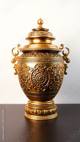 Brass urn with handcrafted ancestral patterns, warm and meaningful in design. Folk heritage echoes in its matte golden surface. Realistic and isolated, 48k.