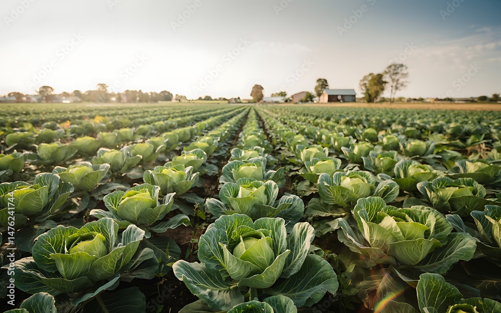 Fototapeta premium Vast Cabbage Fields at Sunset A Stunning View of Agricultural Abundance