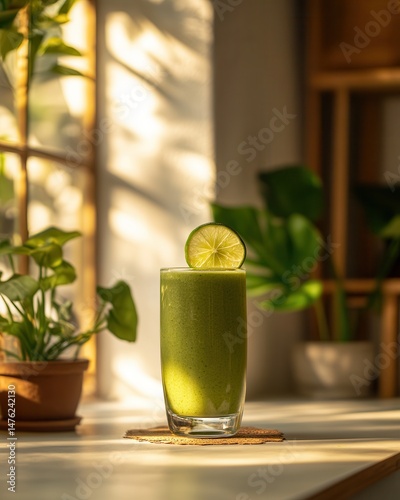 Refreshing green smoothie with lime slice on a table, surrounded by plants in a sunlit room