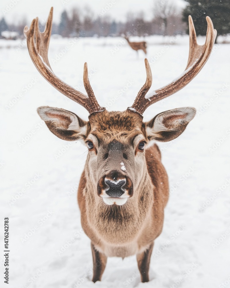 Fototapeta premium Close up of a majestic red deer stag standing in a snowy field looking directly at the camera winter scene