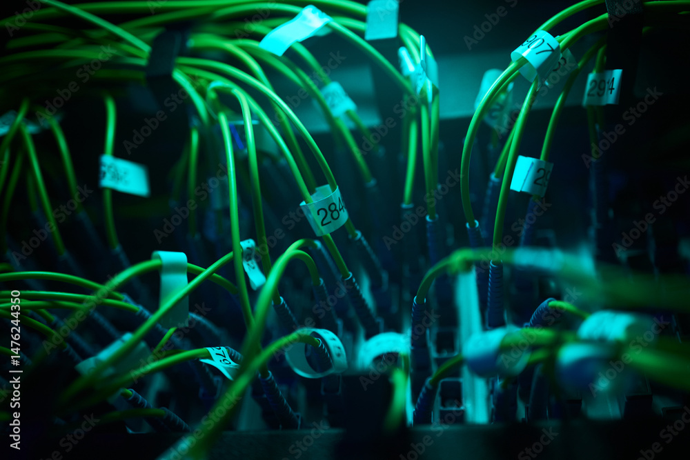 Naklejka premium Network cables with labels are connected to servers in a dimly lit data center, glowing with blue and green lights creating a high-tech environment