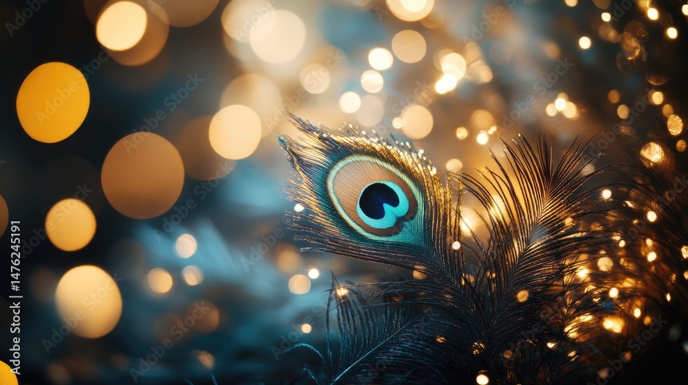custom made wallpaper toronto digitalElegant Peacock Feather Against Blurred Bokeh Lights, Creates A Festive And Magical Mood.