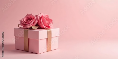 A delicately adorned pink gift box, tied with a ribbon and topped with two beautiful pink roses, rests on a pale pink background, creating a serene and elegant presentation.