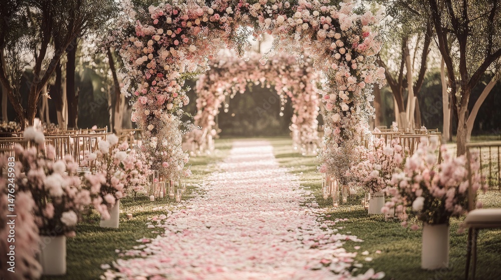 Obraz premium Romantic Outdoor Wedding Ceremony with Pink Floral Arch