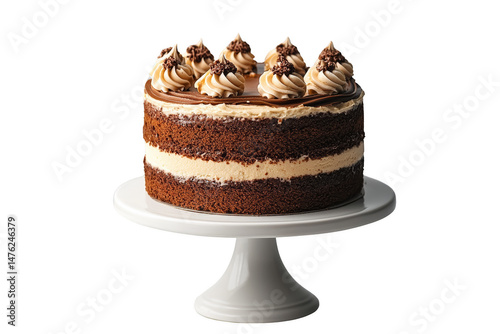 Delicious layered chocolate cake topped with swirls of cream. Png, Transparent background.