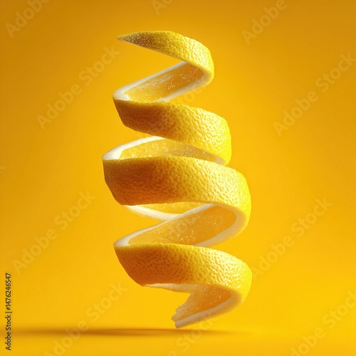 Lemon peel forming a spiral on yellow background