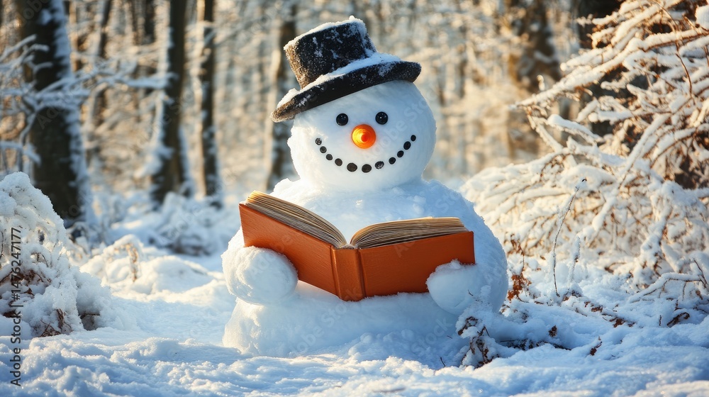 Obraz premium Snowman Reading Book In Winter Forest. Winter Holidays And Festive Season Concept.