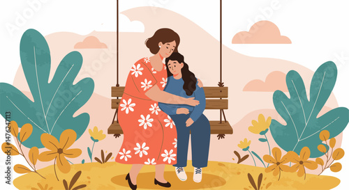 Mother's Day Special: Mother and Daughter on a Swing Illustration