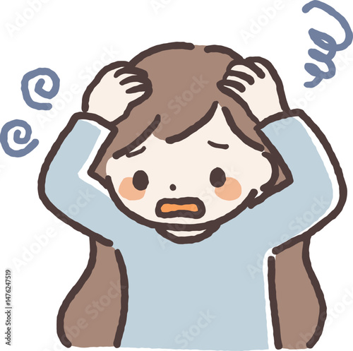 Hand-drawn illustration of a young woman panicking and holding her head in stress and confusion