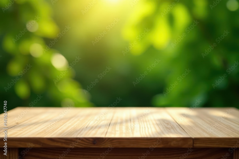 A Sunny Day's Peaceful Wooden Tabletop Against a Lush Green Foliage Backdrop A Sunny Day's Peaceful Wooden Tabletop Against a Lush Green Foliage Backdrop