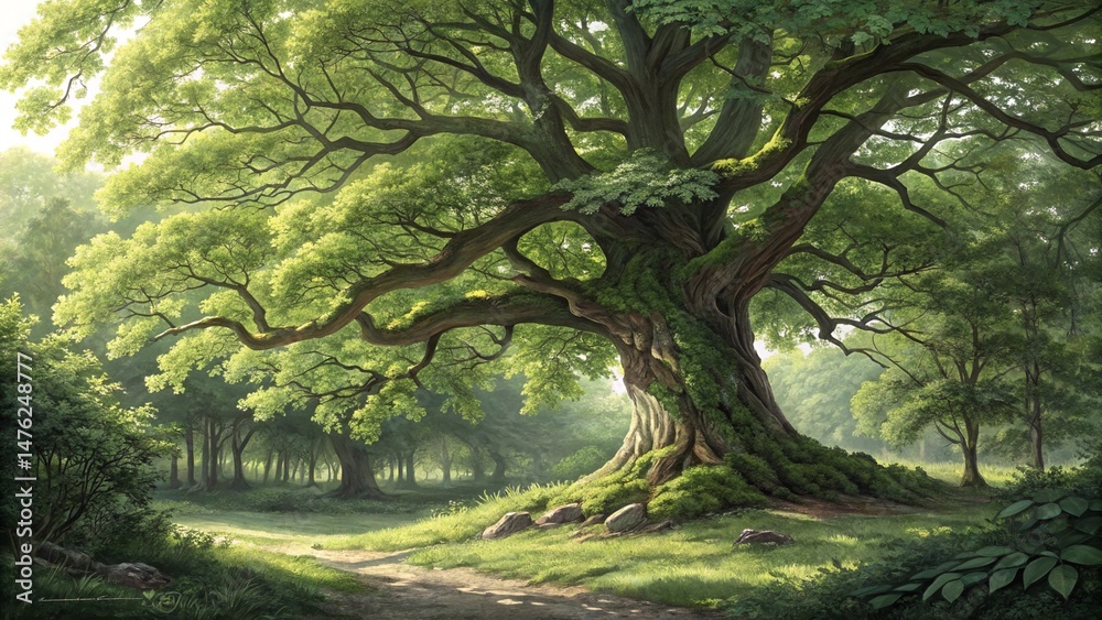 Fototapeta premium Lush Deciduous Tree with Gnarled Trunk and Vivid Canopy