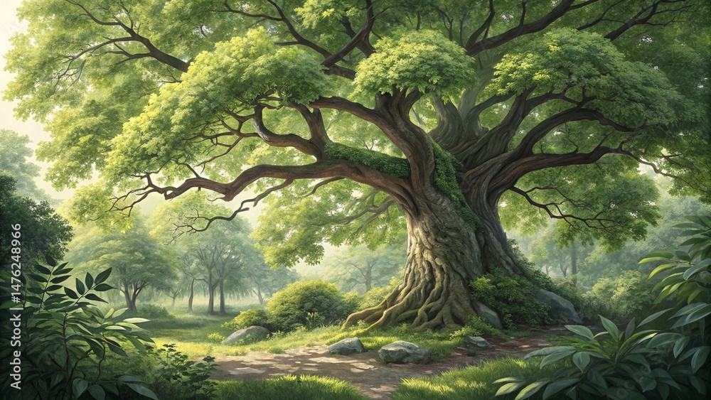 Fototapeta premium Lush Deciduous Tree with Gnarled Trunk and Vivid Canopy