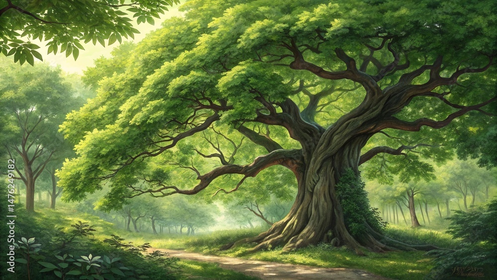 Fototapeta premium Lush Deciduous Tree with Gnarled Trunk and Vivid Canopy