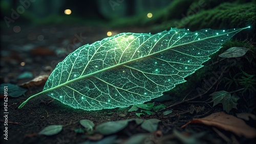 Glowing Leaf Skeleton Resting on Forest Floor in Dreamy Ambiance with Bokeh