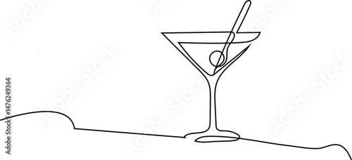 One line cocktail wine glass symbol concept. Silhouette of alcoholic drink  single line sketch drawing vector 