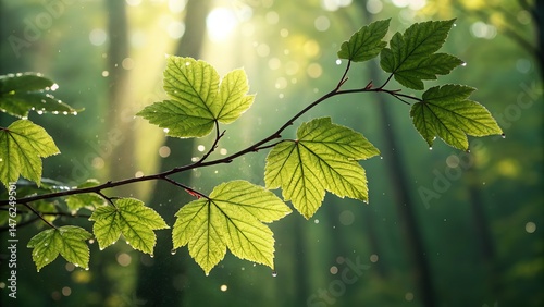 Sunlit Branch of Green Leaves Adorned with Dew Drops in the Forest